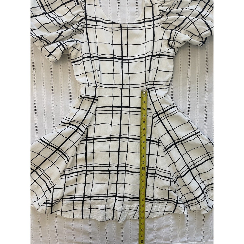 Aureta Linen Blend Puff Sleeve Mini Dress Abstract Grid Check Open Back Size S - Picture 13 of 13